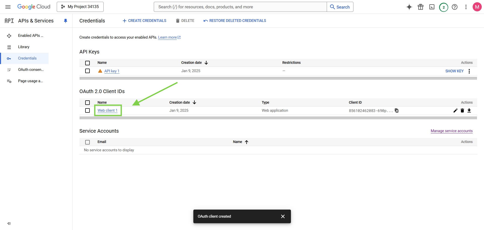 OAuth 2.0 Client ID ที่ถูกสร้างจะแสดงหน้า Dashboard หน้ารวมข้อมูลโปรเจคเกี่ยวกับ API&Service