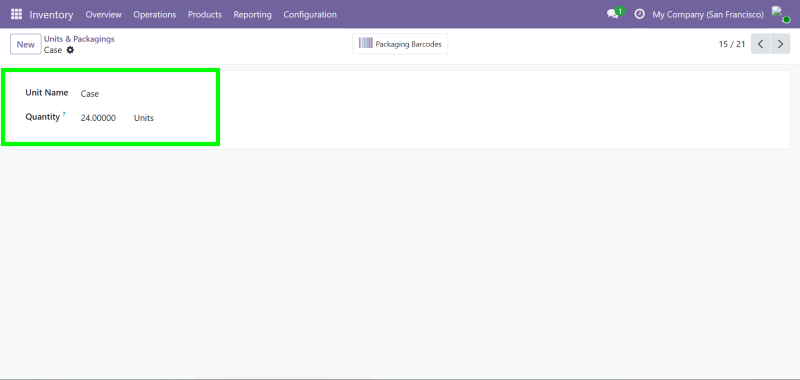 3-Odoo Packaging Configuration ภาพหน้าจอการกำหนดบรรจุภัณฑ์ โดยระบุชื่อบรรจุภัณฑ์และจำนวนสินค้าที่บรรจุ เช่น 1 Case เท่ากับ 24 Units