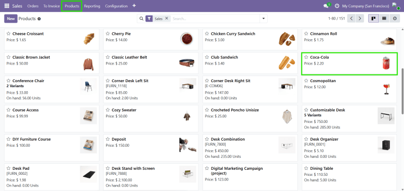 4-Odoo Product List and Unit of Measure หน้ารายการสินค้าใน Odoo ที่แสดงข้อมูลสินค้า ราคา และหน่วยที่ใช้ในการจัดการสินค้า