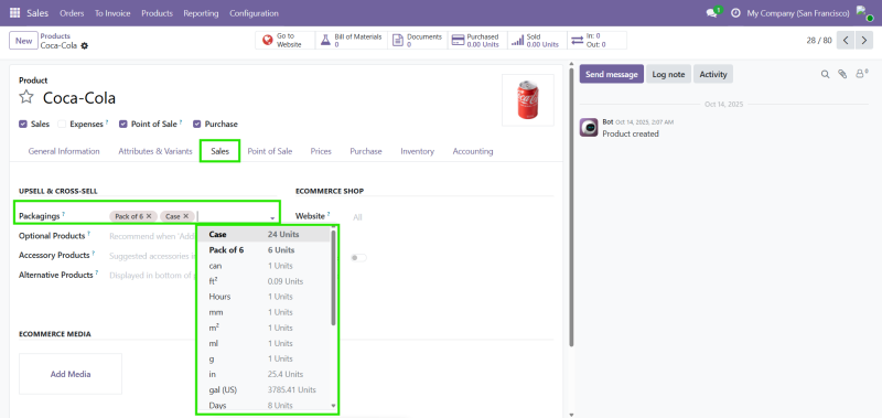 Odoo Product Unit of Measure Settings หน้ารายละเอียดสินค้าใน Odoo สำหรับกำหนดหน่วยนับและหน่วยทางเลือก เช่น ชิ้น กล่อง แพ็ก หรือหน่วยอื่น ๆ ที่เหมาะกับการขายและจัดการสินค้า