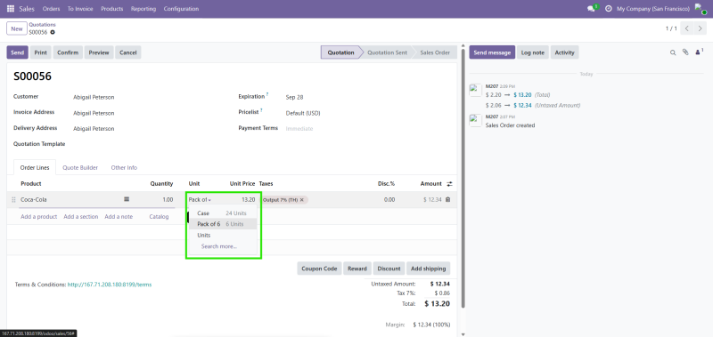 6-Odoo Quotation Unit of Measure Selection หน้าสร้างใบเสนอราคาบน Odoo ที่สามารถเลือกหน่วยนับของสินค้าได้โดยตรงในรายการสินค้า