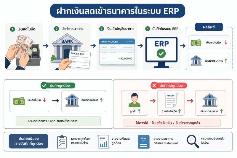 Flow การฝากเงินสดเข้าธนาคารในระบบ ERP ภาพแสดงขั้นตอนการนำเงินสดในมือฝากเข้าบัญชีธนาคาร และการบันทึกข้อมูลในระบบ ERP ให้ถูกต้องตามหลักบัญชี