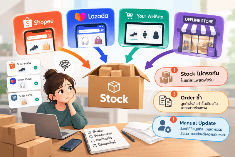 Omnichannel Order & Stock Management ภาพประกอบการจัดการออเดอร์และสต๊อกจาก Shopee, Lazada, เว็บไซต์ และหน้าร้านแบบ Offline ที่เชื่อมเข้าสู่ระบบเดียว ช่วยลดปัญหาสต๊อกไม่ตรง ออเดอร์ซ้ำ และการอัปเดตข้อมูลแบบ Manual
