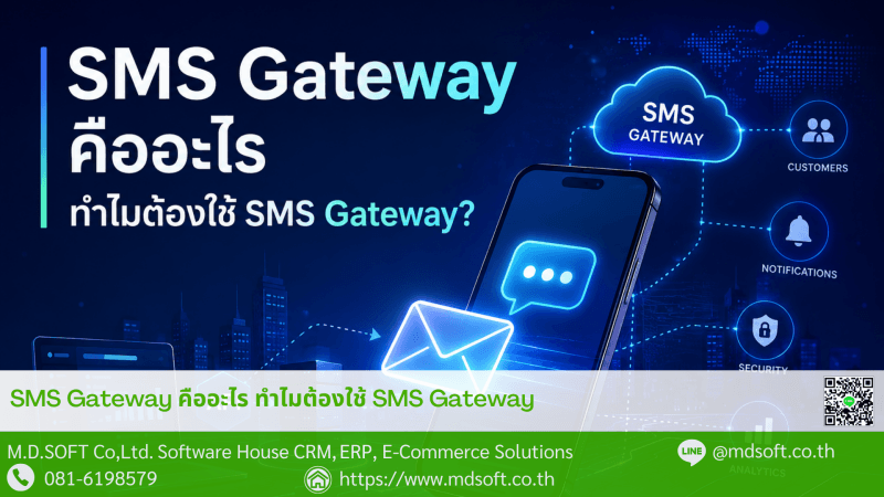 SMS Gateway คืออะไร? ภาพแสดงการทำงานของ SMS Gateway ซึ่งเป็นตัวกลางเชื่อมต่อระหว่างระบบหรือแอปพลิเคชันกับโทรศัพท์มือถือ เพื่อส่งข้อความ SMS ไปยังผู้รับผ่านระบบอัตโนมัติ