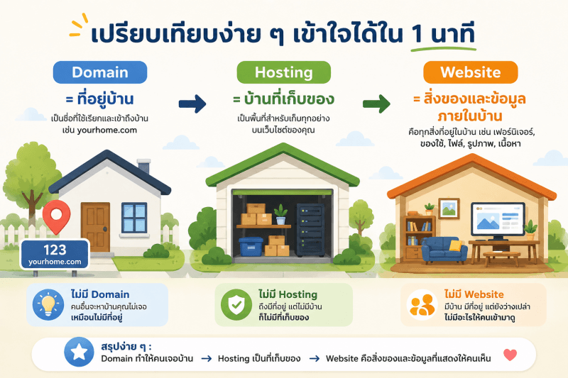 ภาพเปรียบเทียบ Domain, Hosting และ Website ด้วยตัวอย่างที่เข้าใจง่าย โดย Domain เปรียบเสมือนที่อยู่บ้าน, Hosting คือพื้นที่เก็บข้อมูล และ Website คือสิ่งของและข้อมูลที่อยู่ภายในบ้าน
