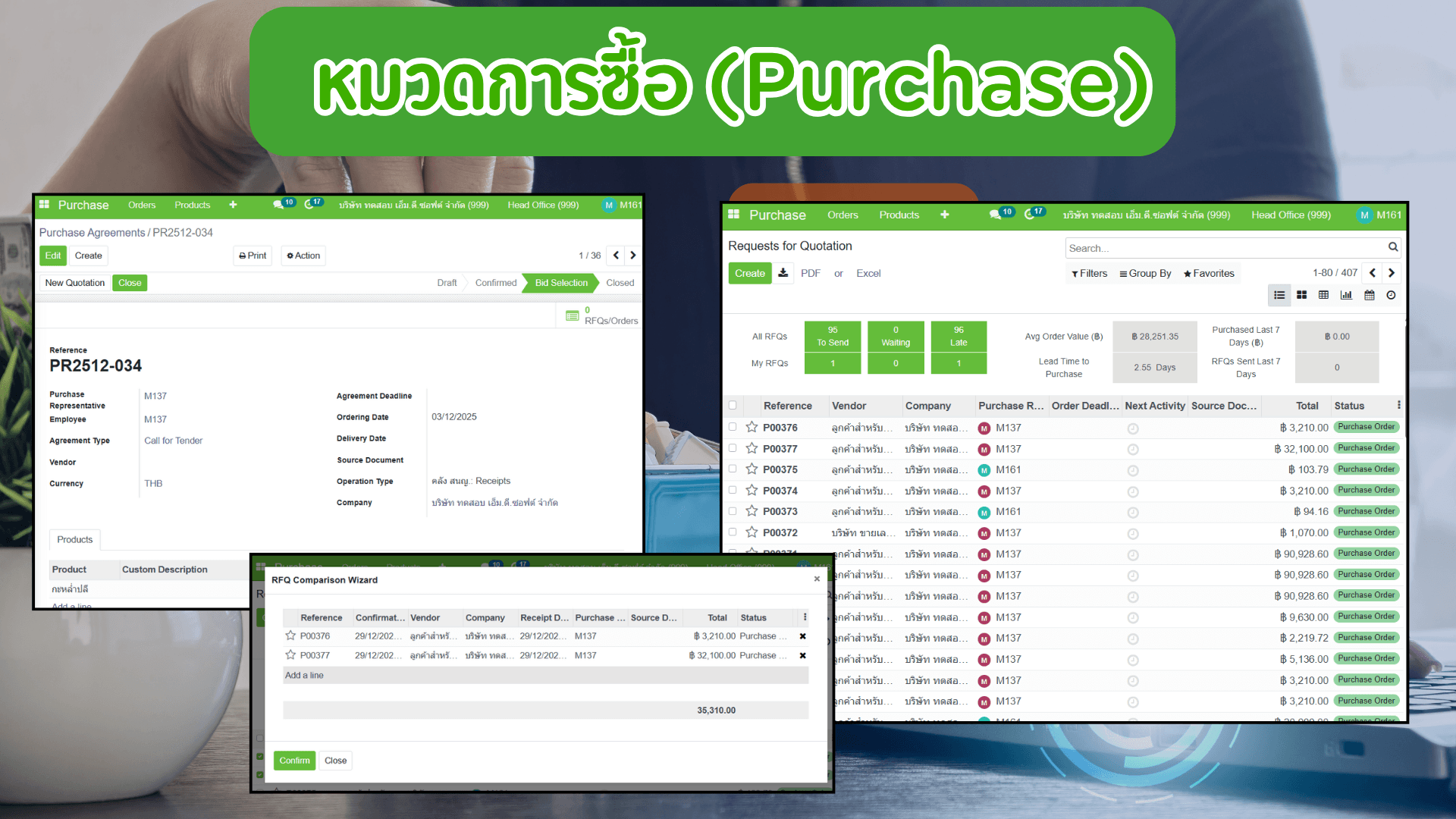 ระบบจัดซื้อ (Purchase ERP) | MDERP เปรียบเทียบราคา RFQ และบริหารงานจัดซื้ออย่างมีประสิทธิภาพ ระบบจัดซื้อ (Purchase ERP) ของ MDERP รองรับการสร้างใบขอซื้อ (RFQ) เปรียบเทียบราคาจากซัพพลายเออร์หลายราย อนุมัติการสั่งซื้อ รองรับหลายสกุลเงิน และติดตามสถานะการจัดซื้อแบบ Real-time ช่วยควบคุมต้นทุนและเพิ่มประสิทธิภาพการบริหารงานจัดซื้อขององค์กร