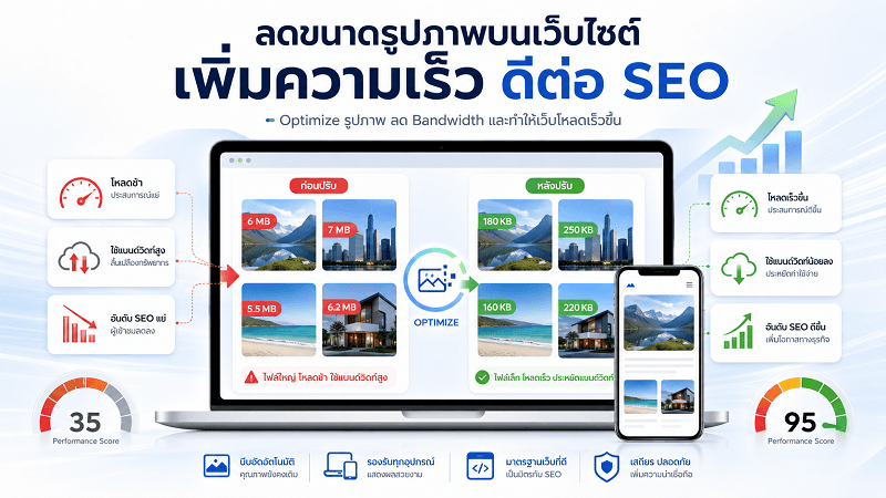 ลดขนาดรูปภาพบนเว็บไซต์ เพิ่มความเร็วเว็บ ดีต่อ SEO รายละเอียดการลดขนาดรูปภาพบนเว็บไซต์ แก้ปัญหาเว็บโหลดช้า ลดการใช้ Bandwidth และเพิ่มประสิทธิภาพ SEO