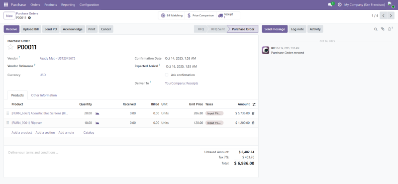 หน้าจอ Purchase Order สำหรับบันทึกการซื้อบริการจากผู้ขายต่างประเทศ พร้อมกำหนด Tax สำหรับรายการบริการ