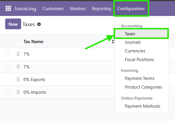 เข้าเมนู Taxs ในระบบ Odoo เพื่อตั้งค่าภาษี