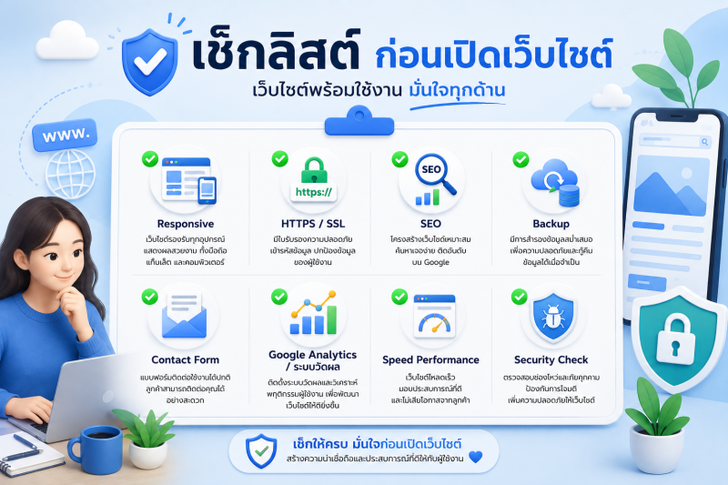ภาพอินโฟกราฟิกเช็กลิสต์ก่อนเปิดเว็บไซต์ แสดงหัวข้อสำคัญ เช่น Responsive, HTTPS/SSL, SEO, Backup, Contact Form, Google Analytics, ความเร็วเว็บไซต์ และความปลอดภัย