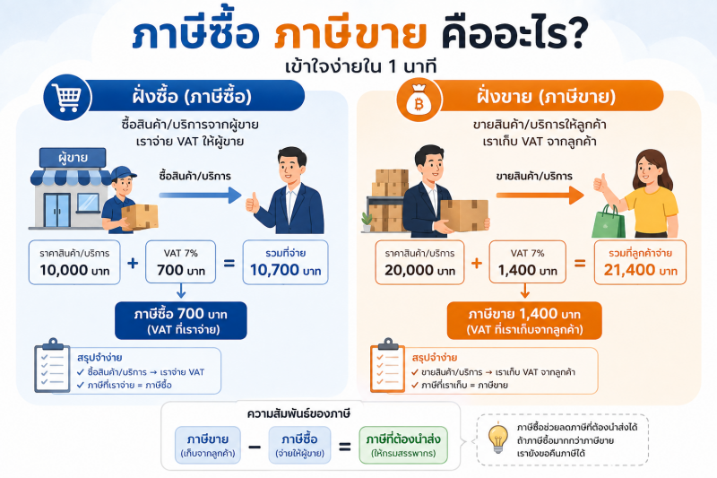 ภาพเปรียบเทียบภาษีซื้อและภาษีขาย โดยภาษีซื้อคือ VAT ที่ธุรกิจจ่ายเมื่อซื้อสินค้าและบริการ ส่วนภาษีขายคือ VAT ที่ธุรกิจเรียกเก็บจากลูกค้าเมื่อขายสินค้าและบริการ