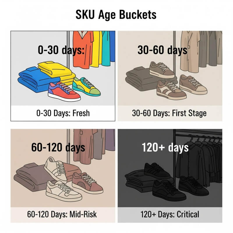 ภาพแสดงการแบ่งกลุ่มอายุสินค้าตามระยะเวลาที่อยู่ในคลัง ตั้งแต่ 0–30 วัน ไปจนถึงมากกว่า 120 วัน โดยแต่ละช่วงสะท้อนระดับความเสี่ยงของสินค้าที่ค้างสต็อกแตกต่างกัน