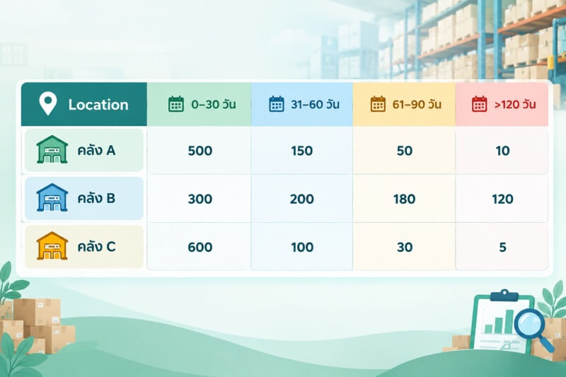 Stock Aging Comparison by Warehouse Location ตารางเปรียบเทียบอายุ Stock ของคลัง A, คลัง B และคลัง C แบ่งตามช่วงอายุ 0–30 วัน, 31–60 วัน, 61–90 วัน และมากกว่า 120 วัน เพื่อช่วยเปรียบเทียบปริมาณสินค้าคงเหลือและระบุ Location ที่มี Stock อายุสูง