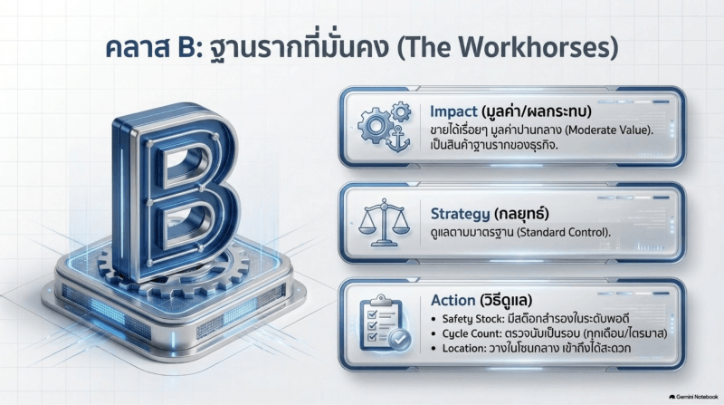Class B Inventory: The Workhorses ภาพแสดงการจัดกลุ่มสินค้า Class B ซึ่งเป็นสินค้าที่มีมูลค่าและผลกระทบต่อธุรกิจในระดับปานกลาง เป็นกลุ่มสินค้าที่ช่วยสนับสนุนการดำเนินงานอย่างต่อเนื่อง โดยควรบริหารจัดการด้วยแนวทางการควบคุมสต็อกมาตรฐานและติดตามระดับสินค้าอย่างสม่ำเสมอ
