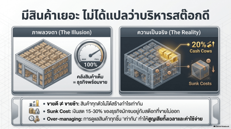 Having More Inventory Doesn’t Mean Better Stock Management ภาพอินโฟกราฟิกเปรียบเทียบระหว่าง ภาพลวงตา (The Illusion) และ ความเป็นจริง (The Reality) ของการมีสินค้าคงคลังจำนวนมาก พร้อมชี้ให้เห็นว่าการมีสินค้าเต็มคลังไม่ได้หมายถึงธุรกิจจะบริหารสต็อกได้ดีเสมอไป เพราะอาจมีต้นทุนจม (Sunk Cost) และค่าใช้จ่ายจากการดูแลสินค้าที่มากเกินความจำเป็น