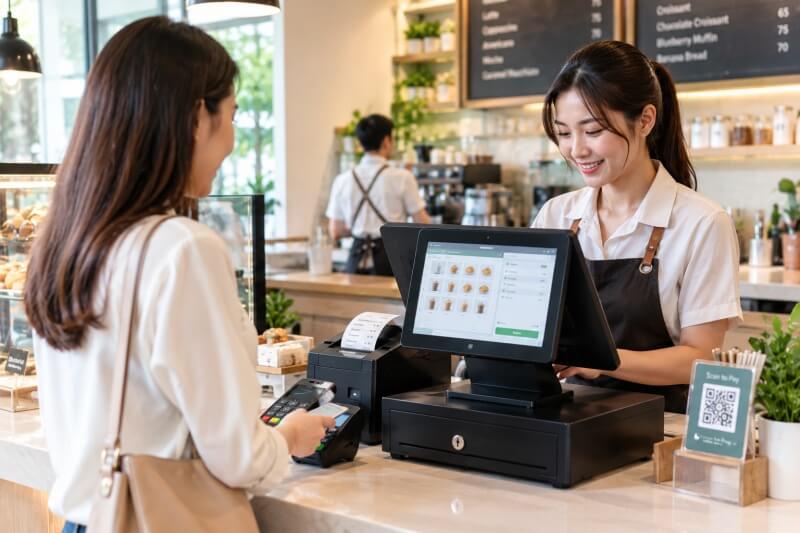 พนักงานกำลังใช้ระบบ POS ให้บริการลูกค้า ณ เคาน์เตอร์ร้านกาแฟ โดยมีหน้าจอบันทึกรายการขาย เครื่องพิมพ์ใบเสร็จ และอุปกรณ์รับชำระเงิน แสดงให้เห็นการใช้งานเครื่องบันทึกการเก็บเงินในสถานการณ์จริง ซึ่งช่วยให้ธุรกิจจัดการรายการขายและเอกสารที่เกี่ยวข้องได้อย่างเป็นระบบ