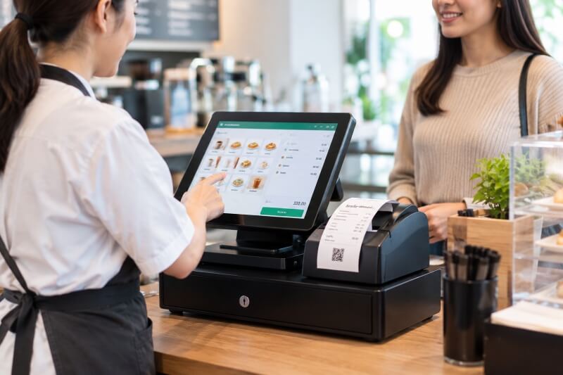 POS Cash Register in a Real Retail Environment พนักงานร้านค้าใช้เครื่อง POS บันทึกรายการขายผ่านหน้าจอสัมผัส พร้อมพิมพ์ใบเสร็จจากเครื่องพิมพ์ เพื่อแสดงตัวอย่างการใช้งานเครื่องบันทึกการเก็บเงินในสถานการณ์จริง
