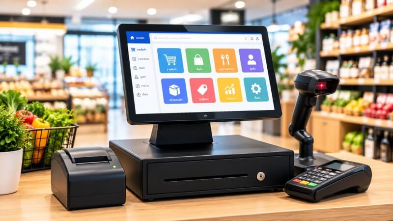 POS Cash Register System for Retail Businesses ภาพเครื่องบันทึกการเก็บเงิน POS ประกอบด้วยหน้าจอแสดงรายการขาย ลิ้นชักเก็บเงิน เครื่องพิมพ์ใบเสร็จ เครื่องสแกนบาร์โค้ด และเครื่องรับชำระเงิน ซึ่งช่วยบันทึกการขายและจัดการธุรกรรมภายในร้านค้า