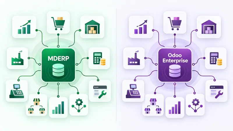 เปรียบเทียบ MDERP กับ Odoo Enterprise ตามโมดูล ERP อินโฟกราฟิกเปรียบเทียบ ERP ระหว่าง MDERP และ Odoo Enterprise ตามหมวด CRM ขาย จัดซื้อ คลัง ผลิต บัญชี และ HR