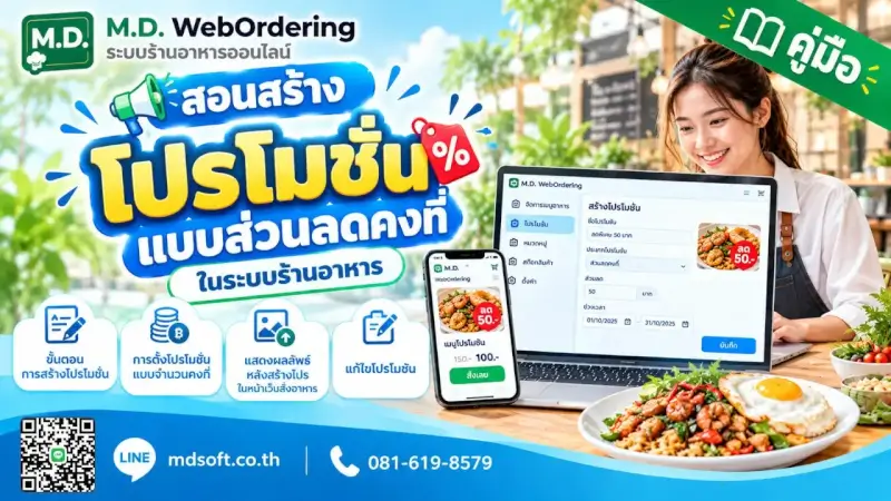 โปรโมชั่นส่วนลดคงที่ในระบบร้านอาหาร ภาพคู่มือระบบร้านอาหารสำหรับสร้างโปรโมชั่นส่วนลดคงที่ พร้อมตัวอย่างการตั้งค่าส่วนลดและการแสดงผลบนเว็บสั่งอาหาร