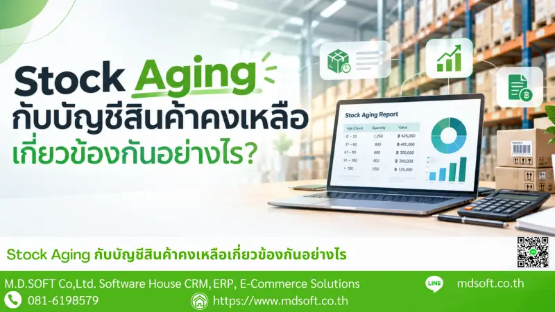 Stock Aging and Its Relationship with Inventory Accounting ภาพปกบทความ Stock Aging กับบัญชีสินค้าคงเหลือเกี่ยวข้องกันอย่างไร? แสดงภาพคลังสินค้าที่มีสินค้าจัดเก็บบนชั้นวาง พร้อมหน้าจอรายงาน Stock Aging ที่สรุปอายุสินค้า จำนวนคงเหลือ และมูลค่าสินค้า รวมถึงกราฟวิเคราะห์ข้อมูล ช่วยสื่อถึงการนำข้อมูลอายุสินค้ามาใช้ประกอบการตรวจสอบและวิเคราะห์สินค้าคงเหลือทางบัญชี